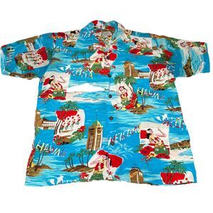 VtG Avanti Hawaiian Silk Shirt Men’s M Blue Aloha Greeting Loop Collar Hula Girl